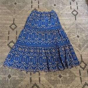 Cartolina Embroidered Tiered Skirt Blue Cream Eyelet Boho Size XS